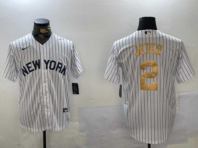 Men%27s New York Yankees #2 Derek Jeter White Pinstripe Fashion Cool Base Jersey->new york yankees->MLB Jersey